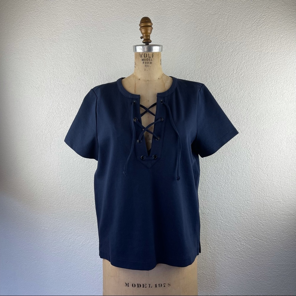 JCrew l S Navy Nautical Sailor Preppy Lace-up Boxy Structured Knit Tee Shirt Top